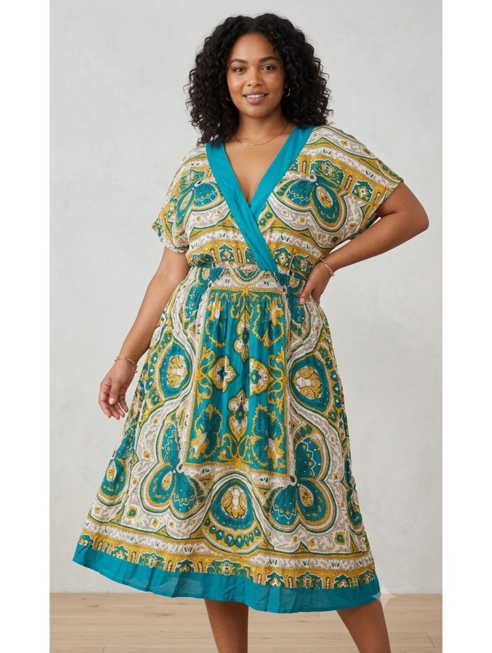 Mlle Gabrielle Paisley Bohemian Plus Size V-Neck Dress